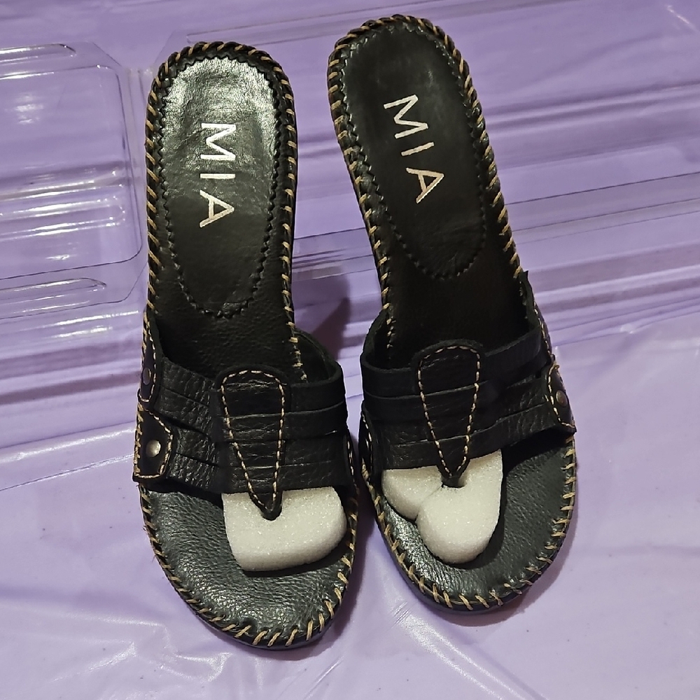 MIA Black Leather Mules with Stitch Detail